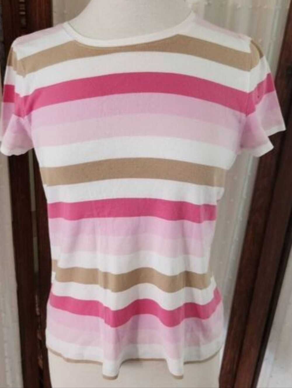 St. John's Bay Pink, White & Tan Striped Short-Sleeve Tee